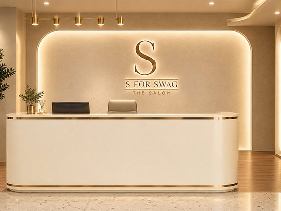 Interior view of S For Swag luxury salon reception and styling chairs in Kochi